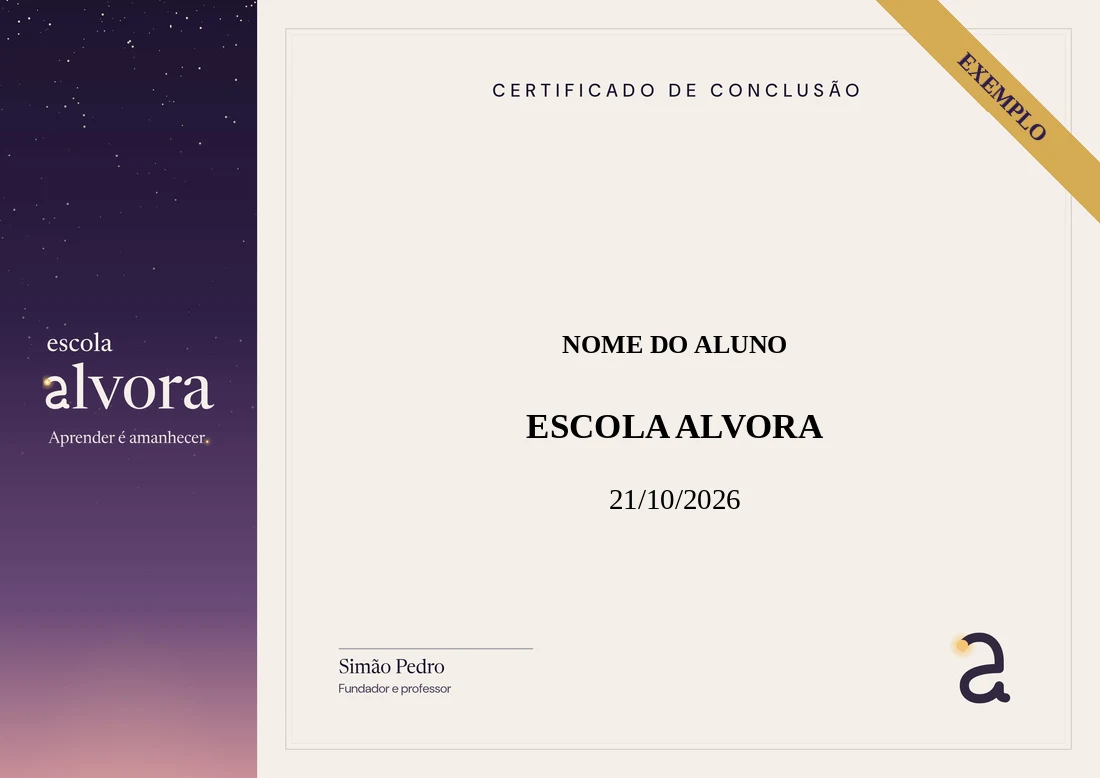 Exemplo de certificado da Escola Alvora, com nome do aluno, curso e data fictícios.